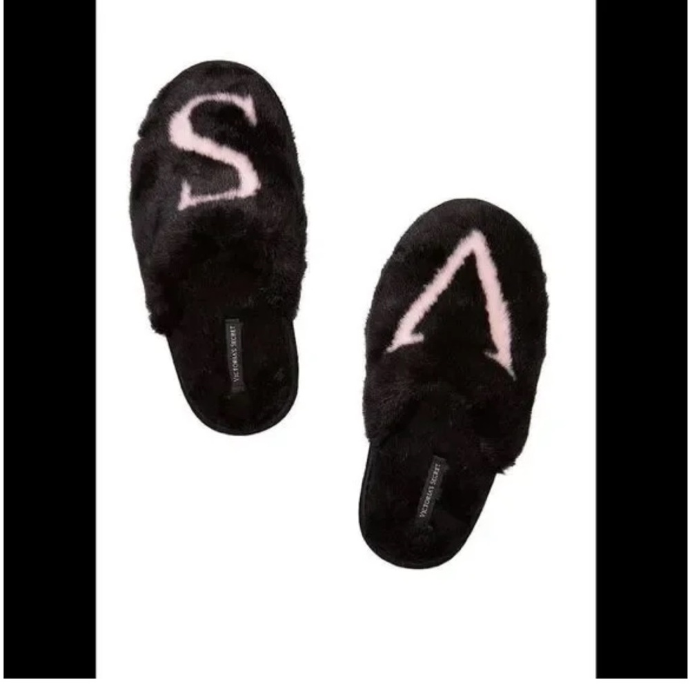 Victoria's Secret Black and Pink Plush Slippers